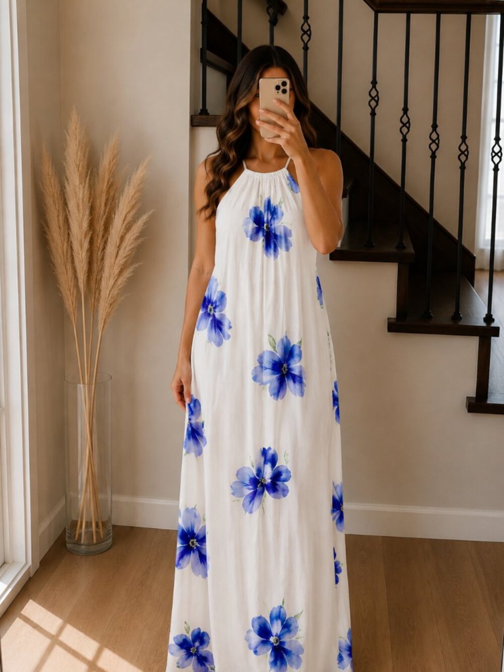 NWT Winston White Carmen Floral Maxi Dress Blue White Size S